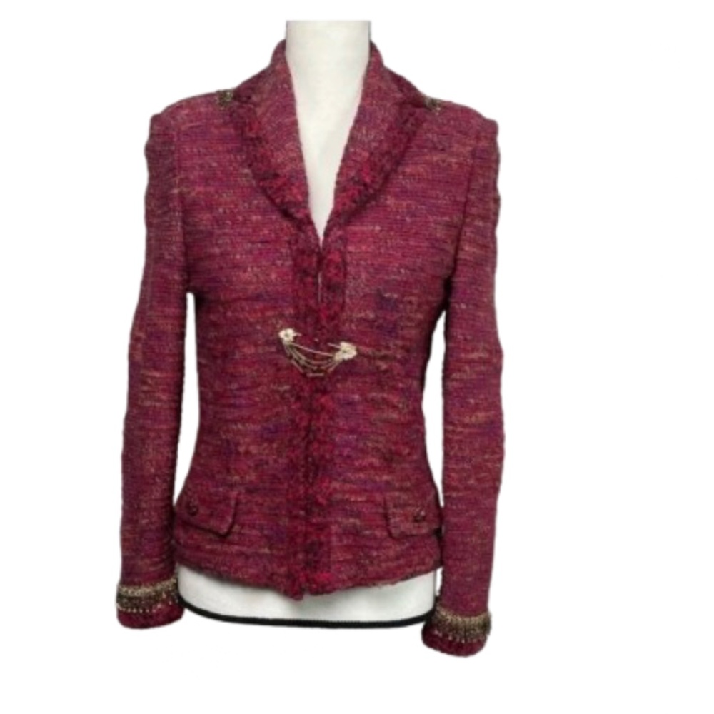 ST. JOHN couture Tweed Jacket Rich Burgundy gold crystal chain beaded fringe - Picture 3 of 17